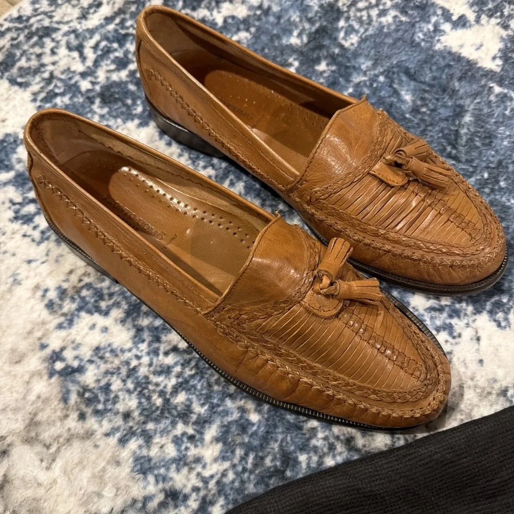PRONTO UOMO Firenze Mens 10.5M Brown Basket Weave Leather‎ Loafer Tassels Italy